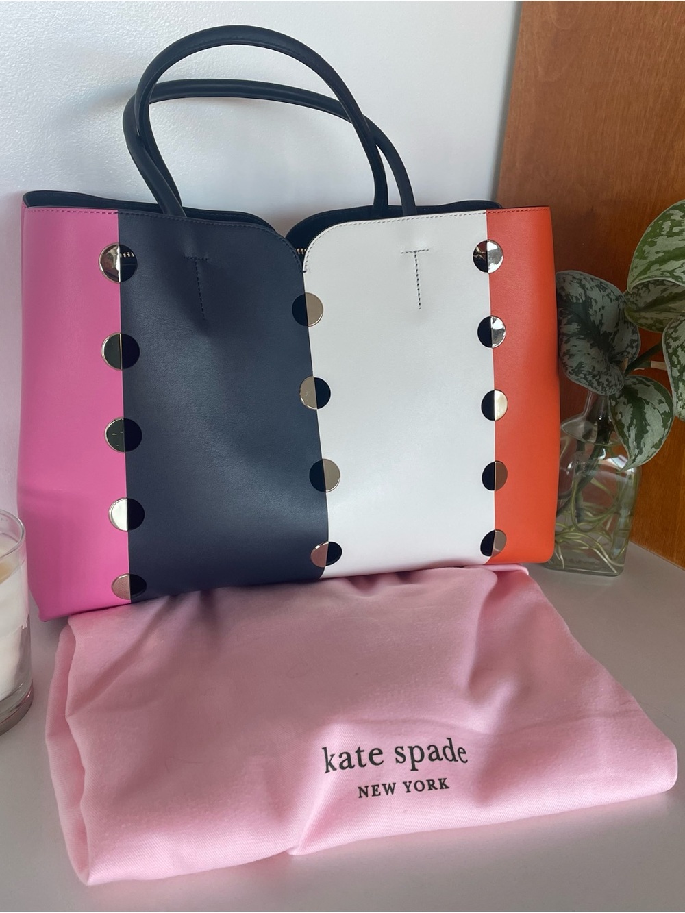 Kate Spade Nicola Mod Dot Large Satchel in Pink, Navy, White & Orange